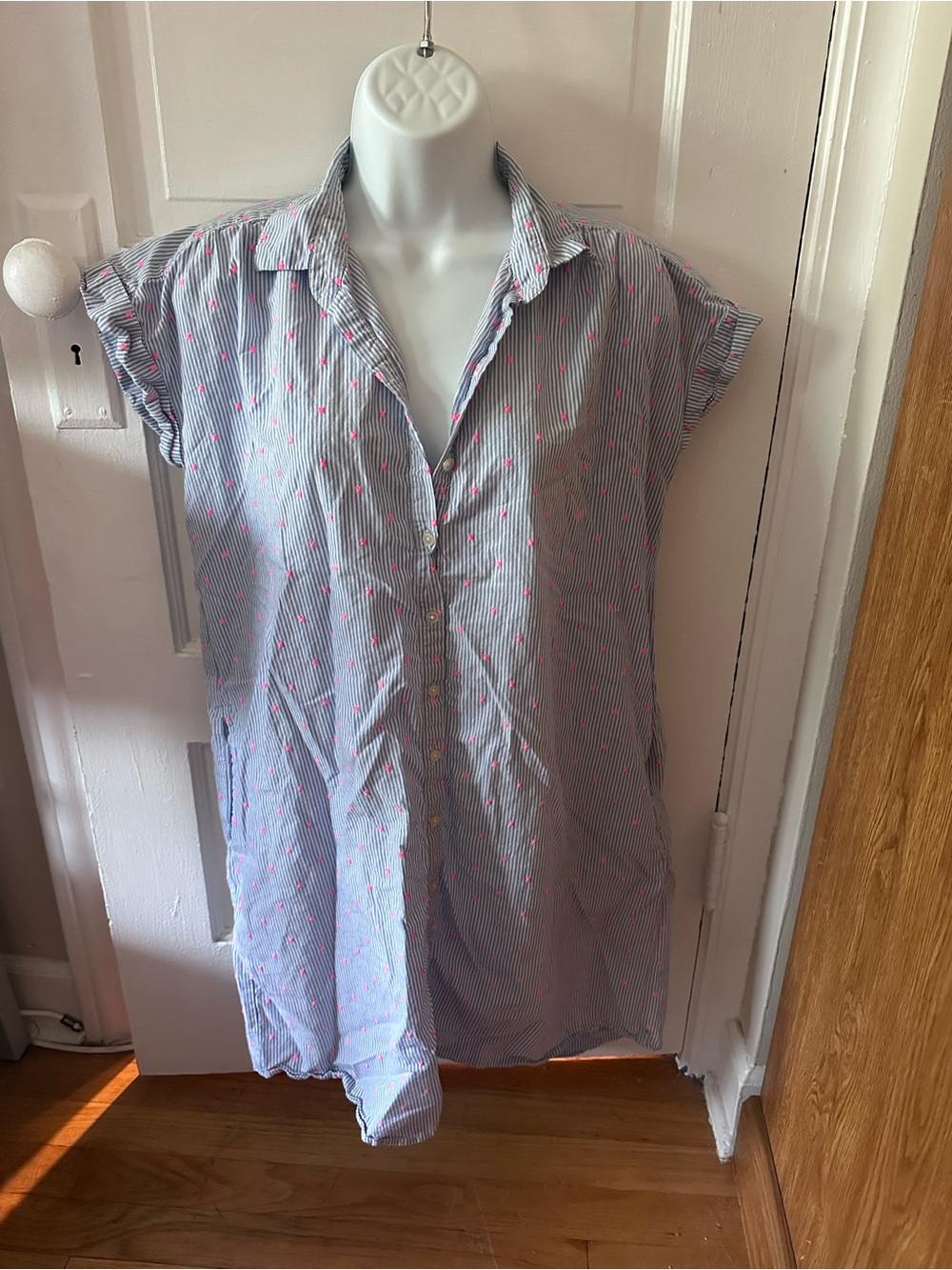 Loft Light Blue Striped Short Sleeve Pink Dot Accents Collared Shirt mini dress